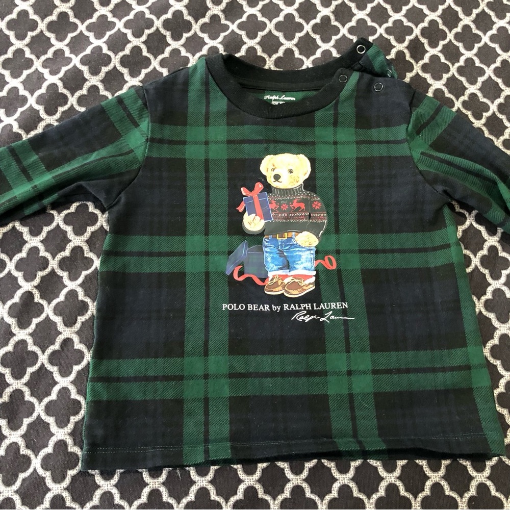 POLO RALPH LAUREN BEAR Holiday Plaid Green Blue Shirt Sz 12 Months L/S L6